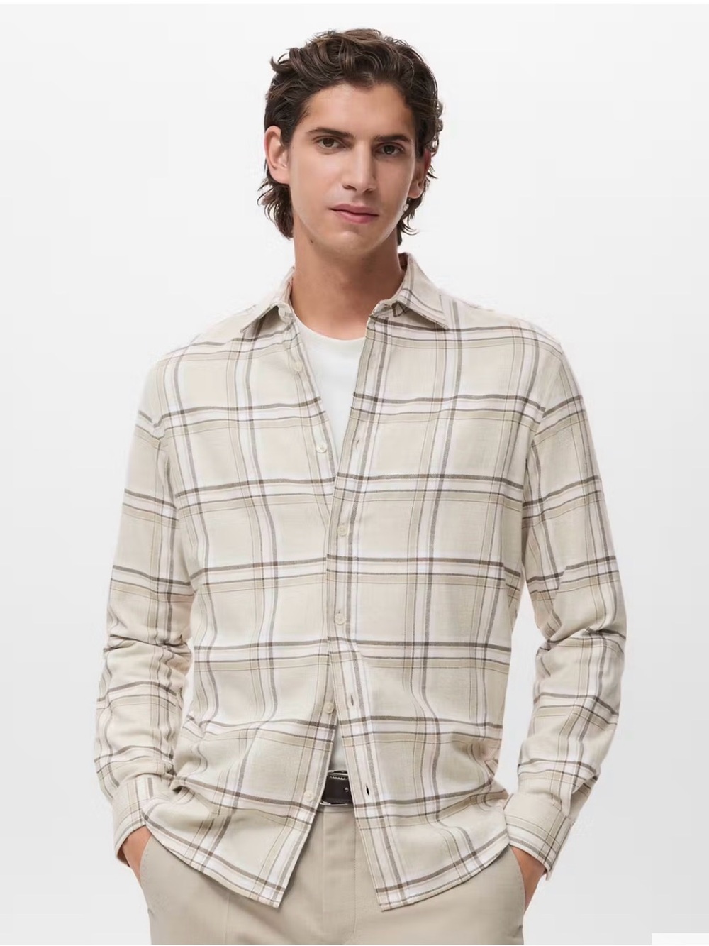 Mango Men's Medium Beige and Brown Plaid Lightweight Shirt Jacket